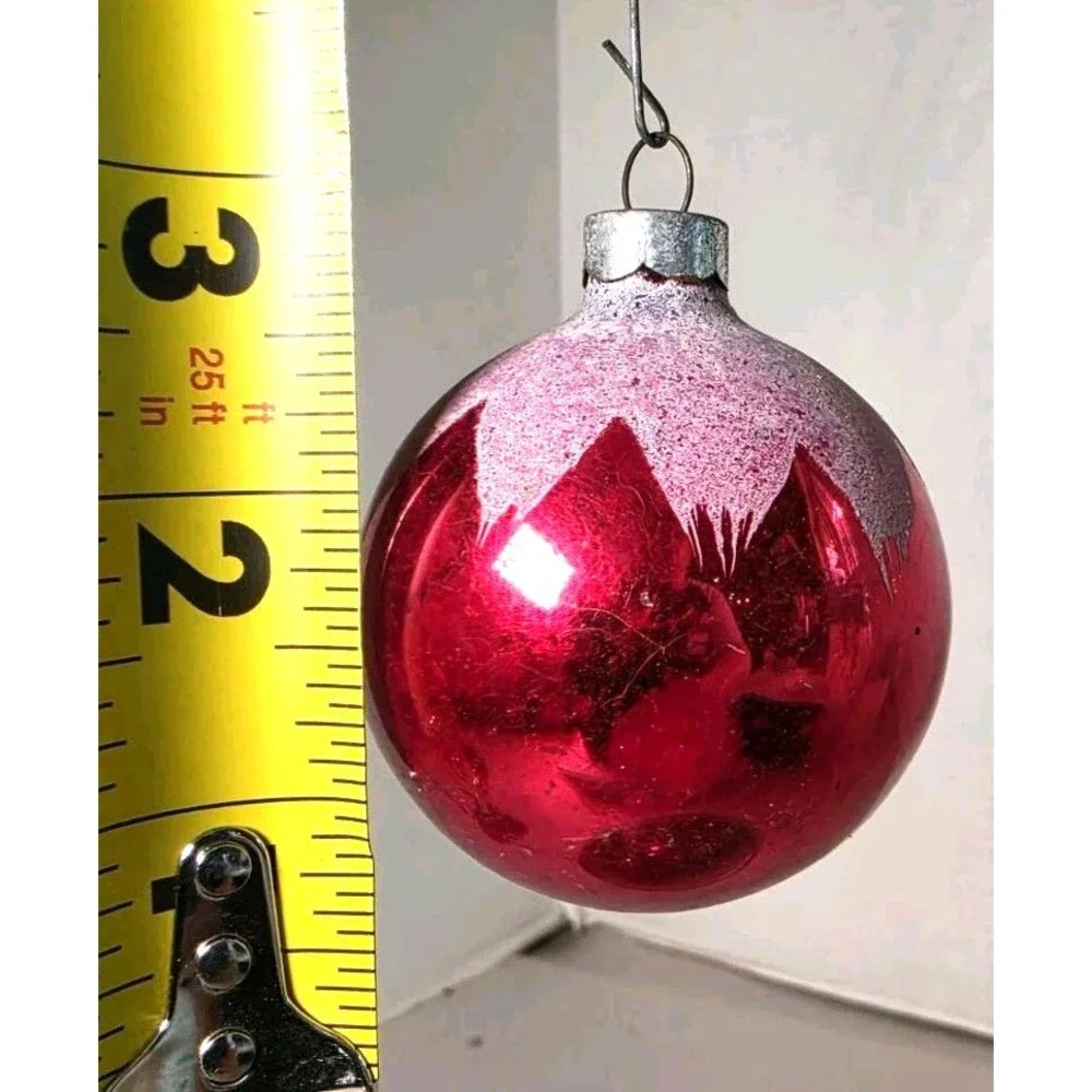 Vintage Christmas Ornament Red  Glass Ball Mica Snowcap 2.5